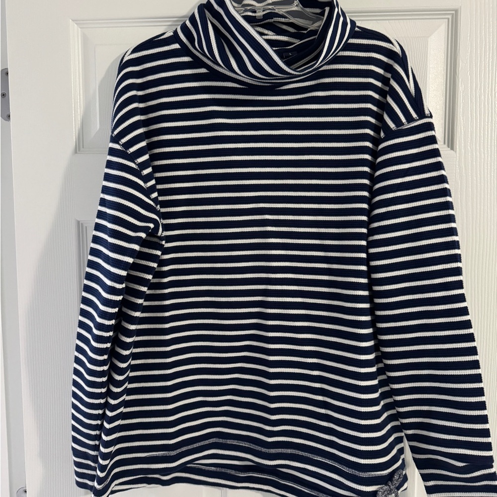 Lands' End Navy and White Striped Cowl Neck Sweater